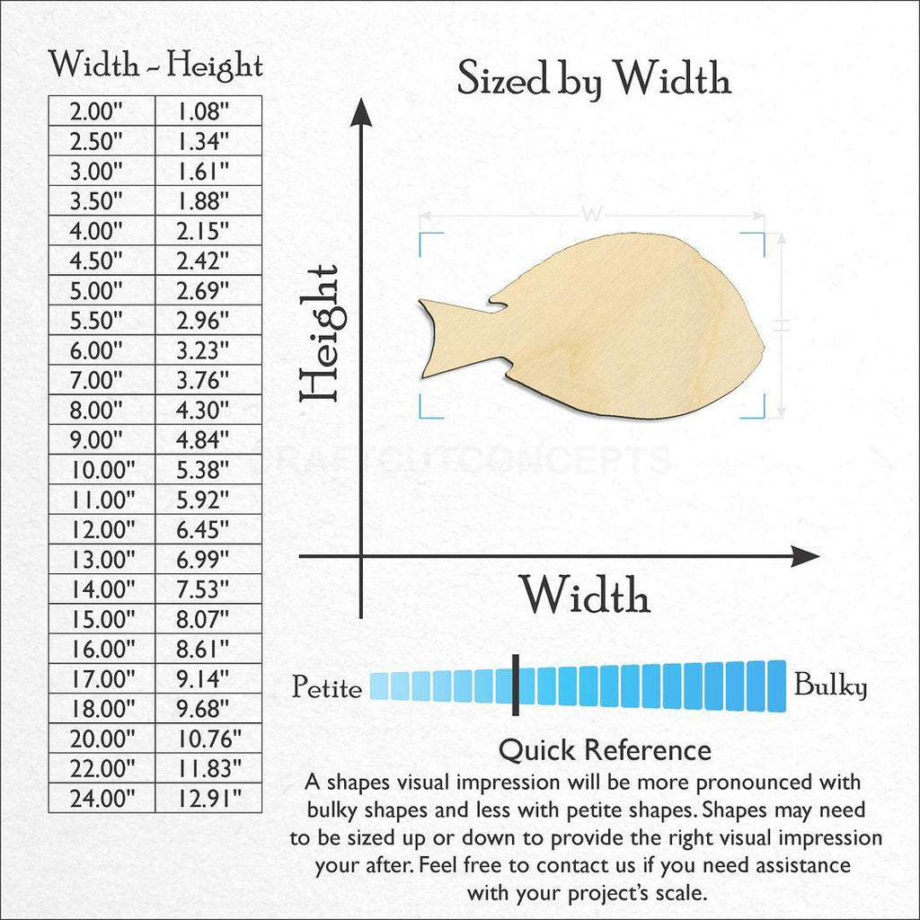 Sizes available for a laser cut Blue Tang Fish craft blank