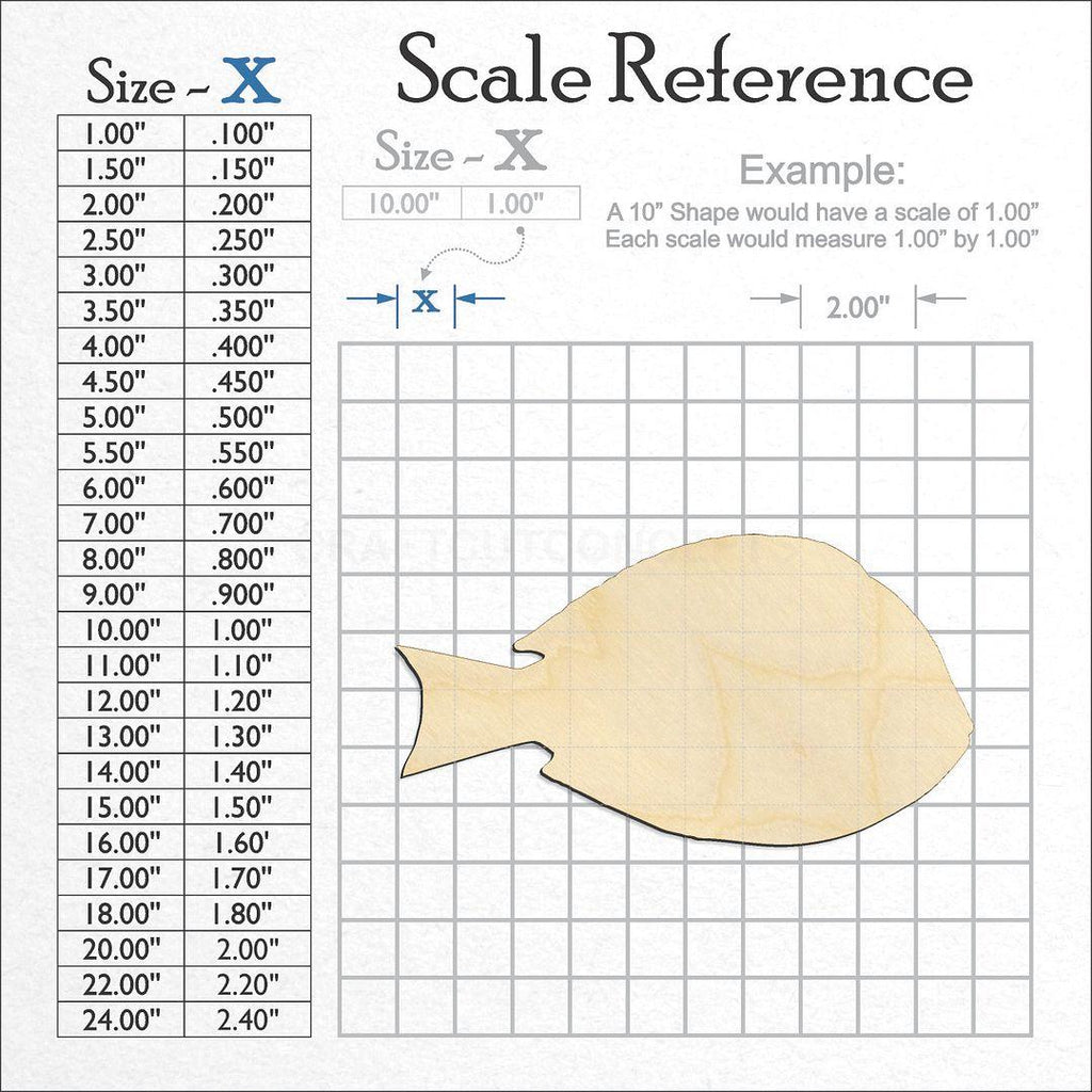 A scale and graph image showing a wood Blue Tang Fish craft blank