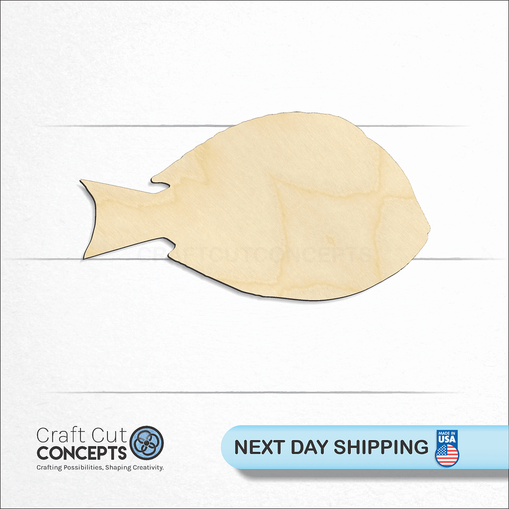 Craft Cut Concepts logo and next day shipping banner with an unfinished wood Blue Tang Fish craft shape and blank