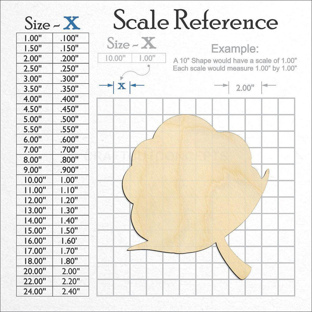 A scale and graph image showing a wood Cotton Boll craft blank