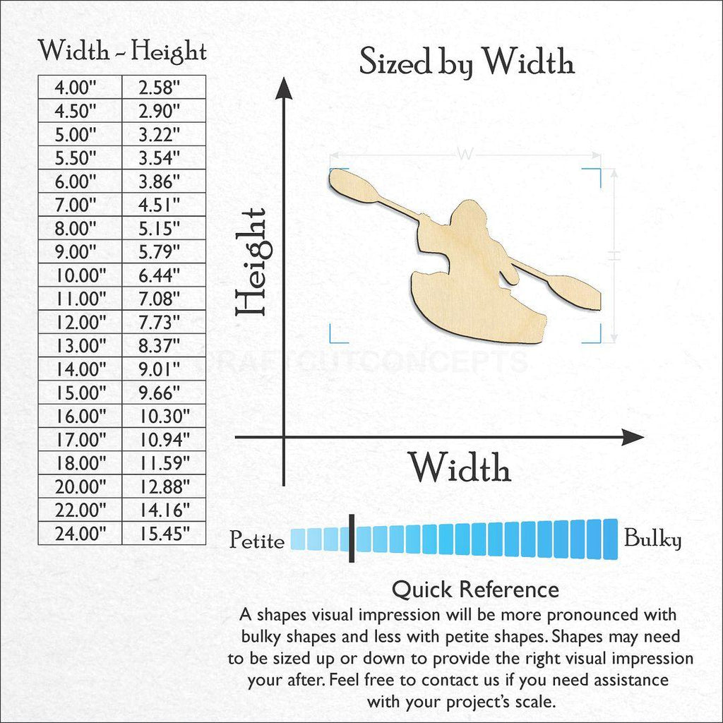 Sizes available for a laser cut Person Kayaking craft blank