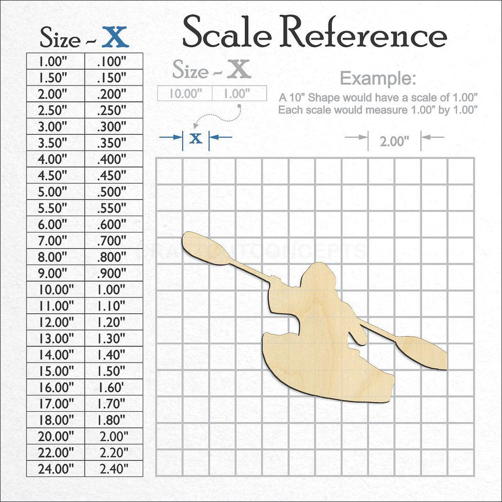 A scale and graph image showing a wood Person Kayaking craft blank