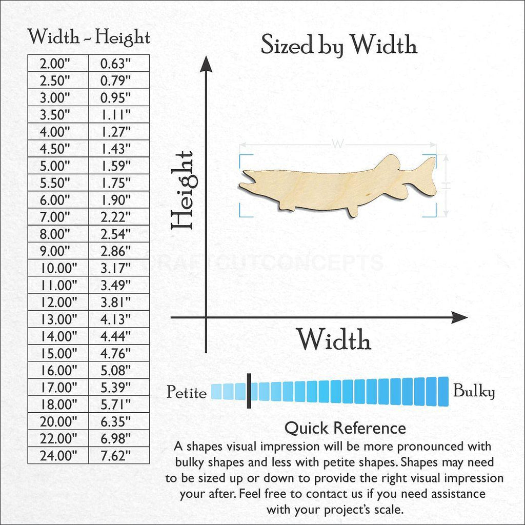Sizes available for a laser cut Muskie Fish craft blank
