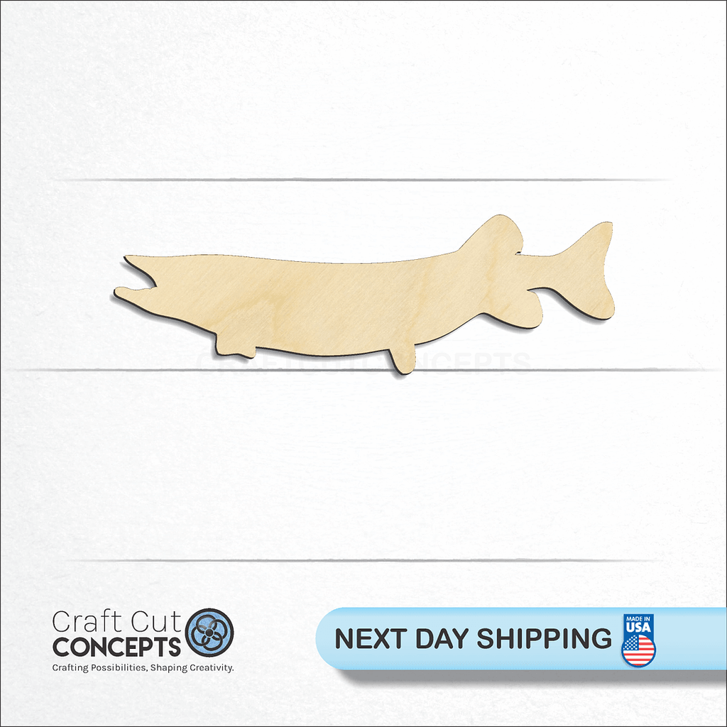 Craft Cut Concepts logo and next day shipping banner with an unfinished wood Muskie Fish craft shape and blank