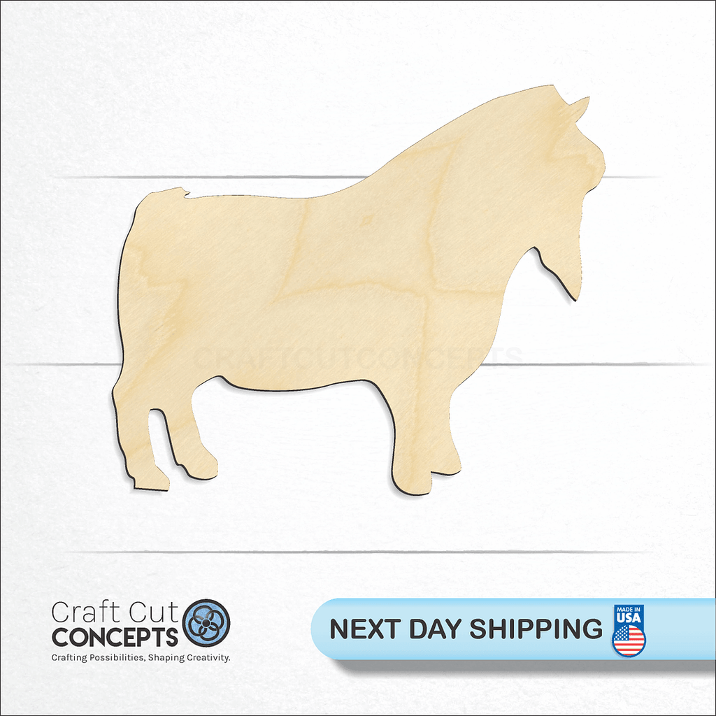 Craft Cut Concepts logo and next day shipping banner with an unfinished wood Bearded Pygmy Goat craft shape and blank