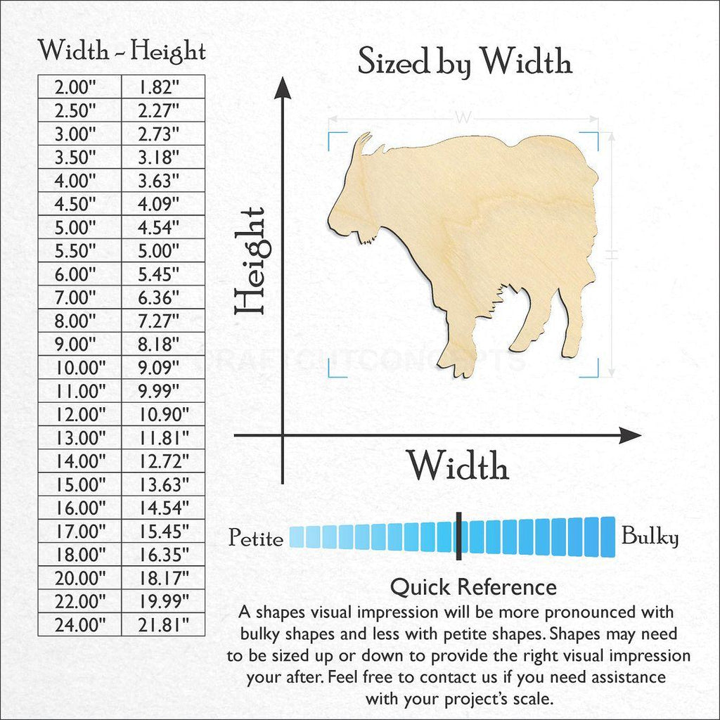 Sizes available for a laser cut Mountain Goat craft blank