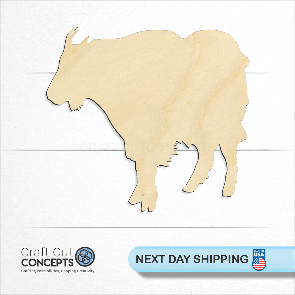 Craft Cut Concepts logo and next day shipping banner with an unfinished wood Mountain Goat craft shape and blank