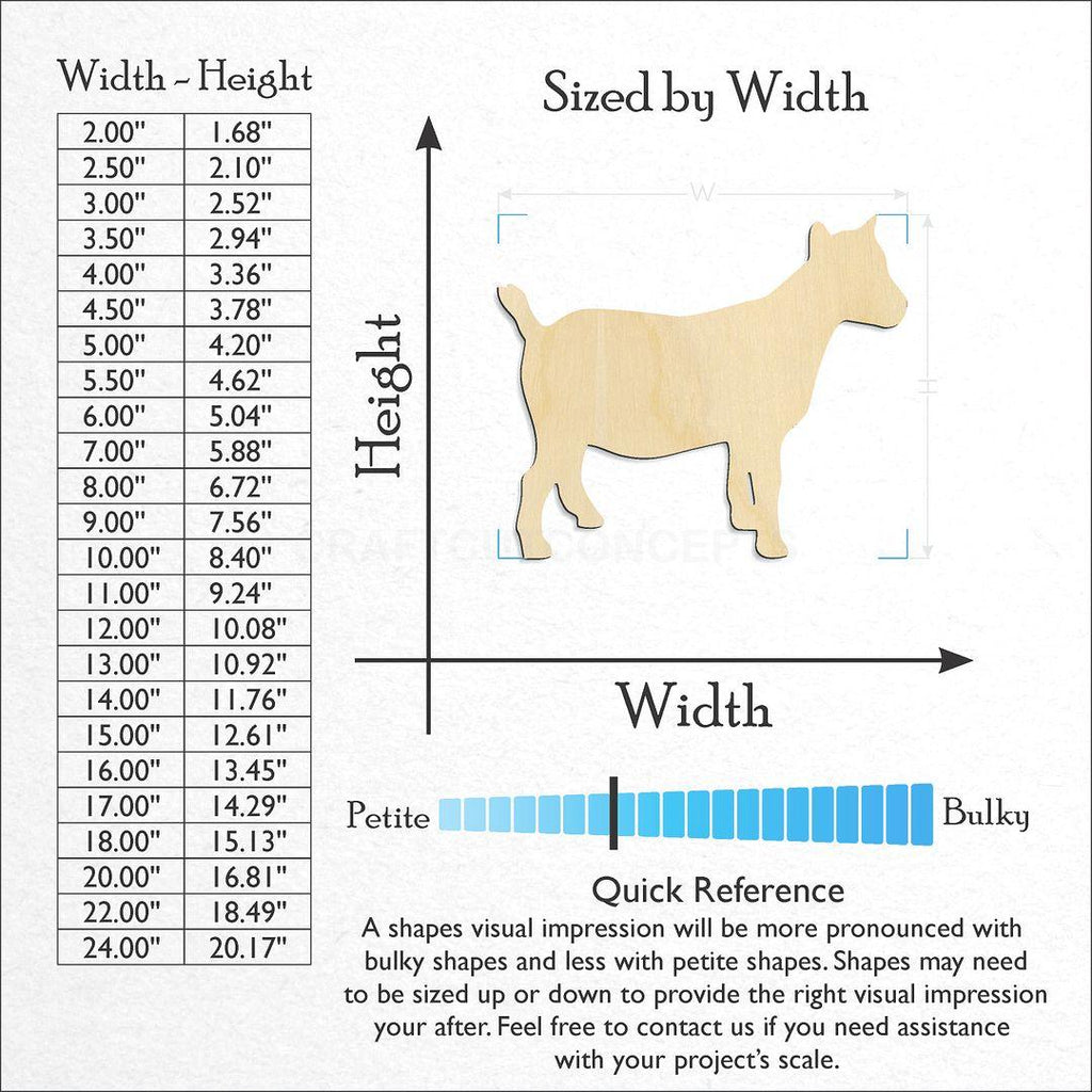 Sizes available for a laser cut Pygmy Goat craft blank