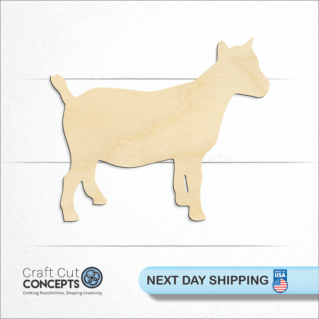 Craft Cut Concepts logo and next day shipping banner with an unfinished wood Pygmy Goat craft shape and blank