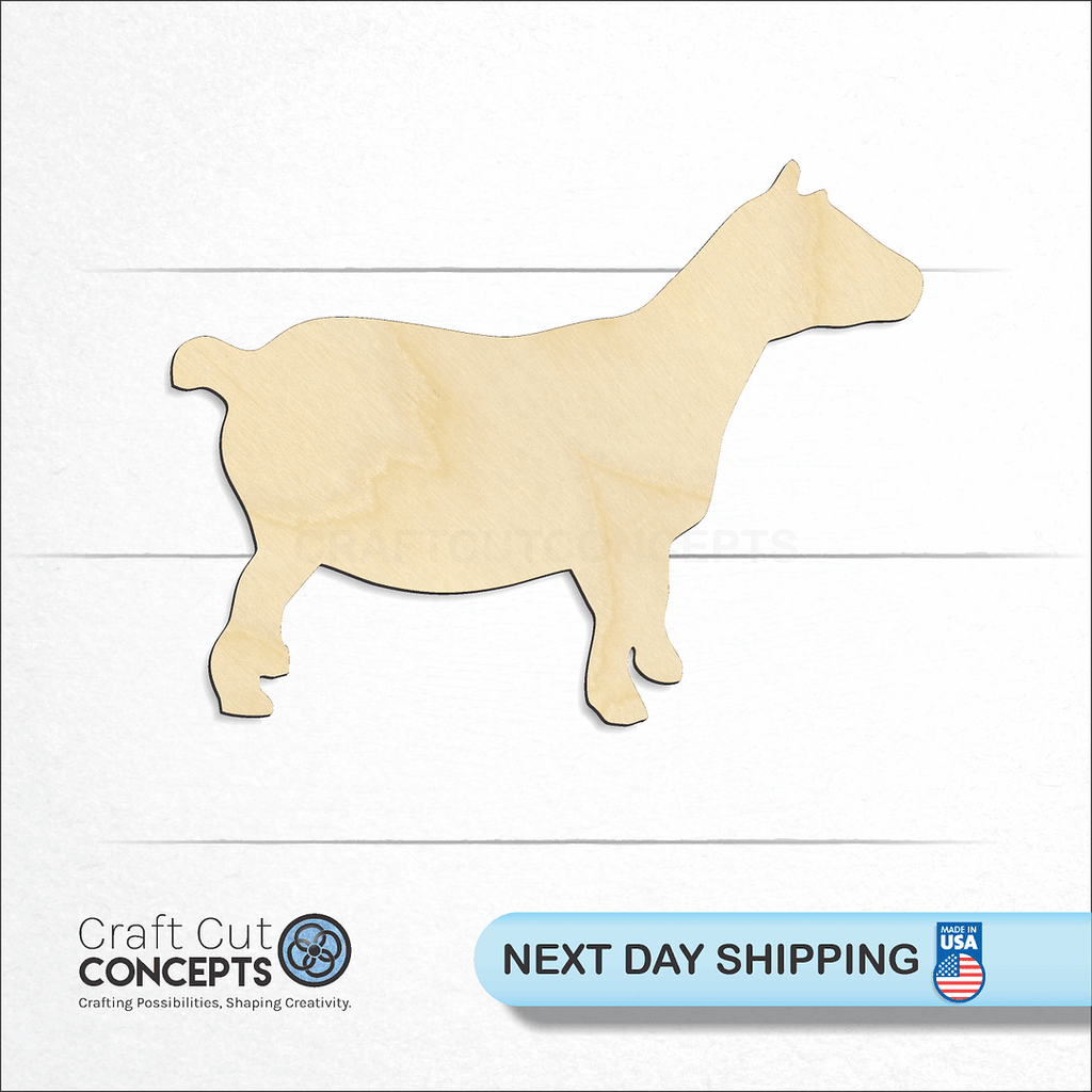 Craft Cut Concepts logo and next day shipping banner with an unfinished wood Pygmy Goat craft shape and blank