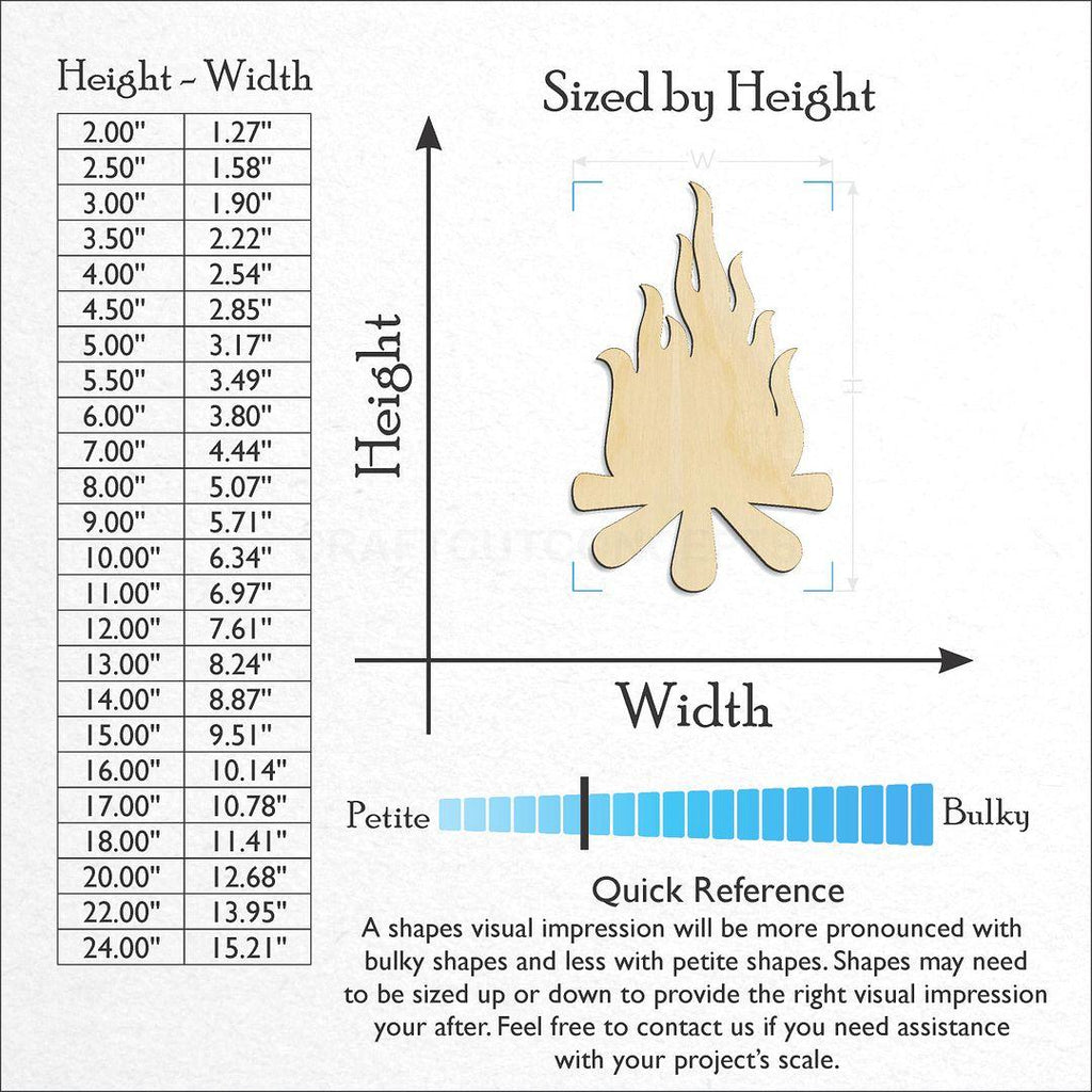 Sizes available for a laser cut Campfire craft blank