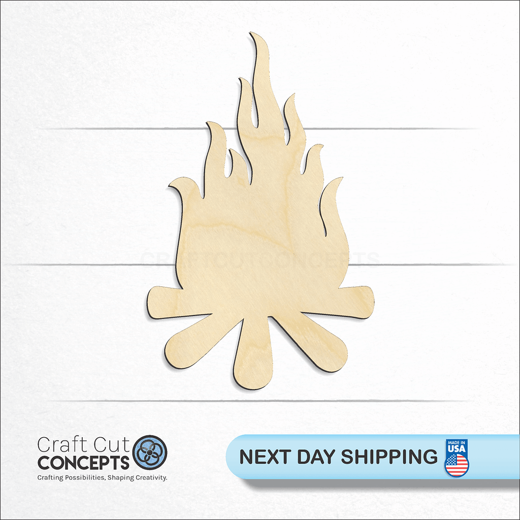 Craft Cut Concepts logo and next day shipping banner with an unfinished wood Campfire craft shape and blank