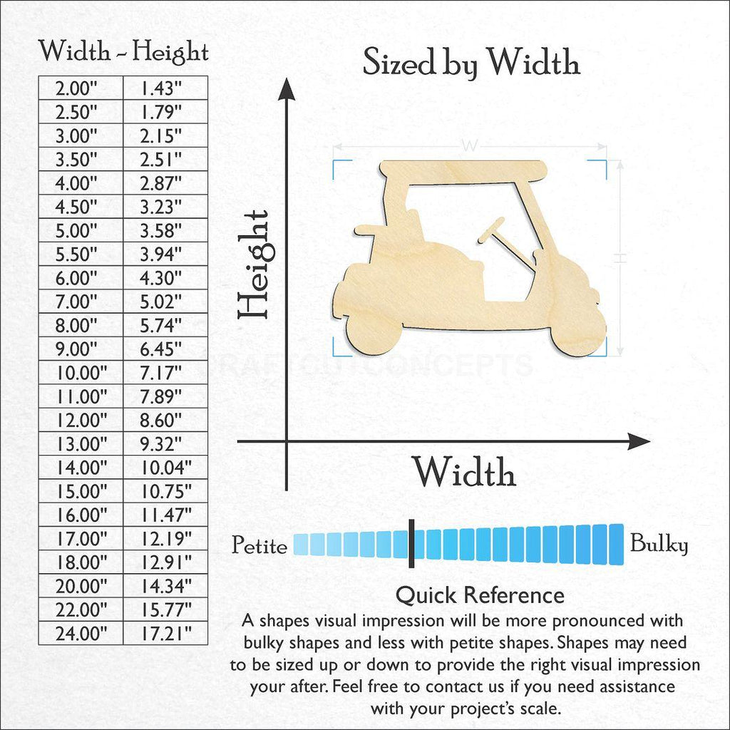 Sizes available for a laser cut Golf Cart craft blank