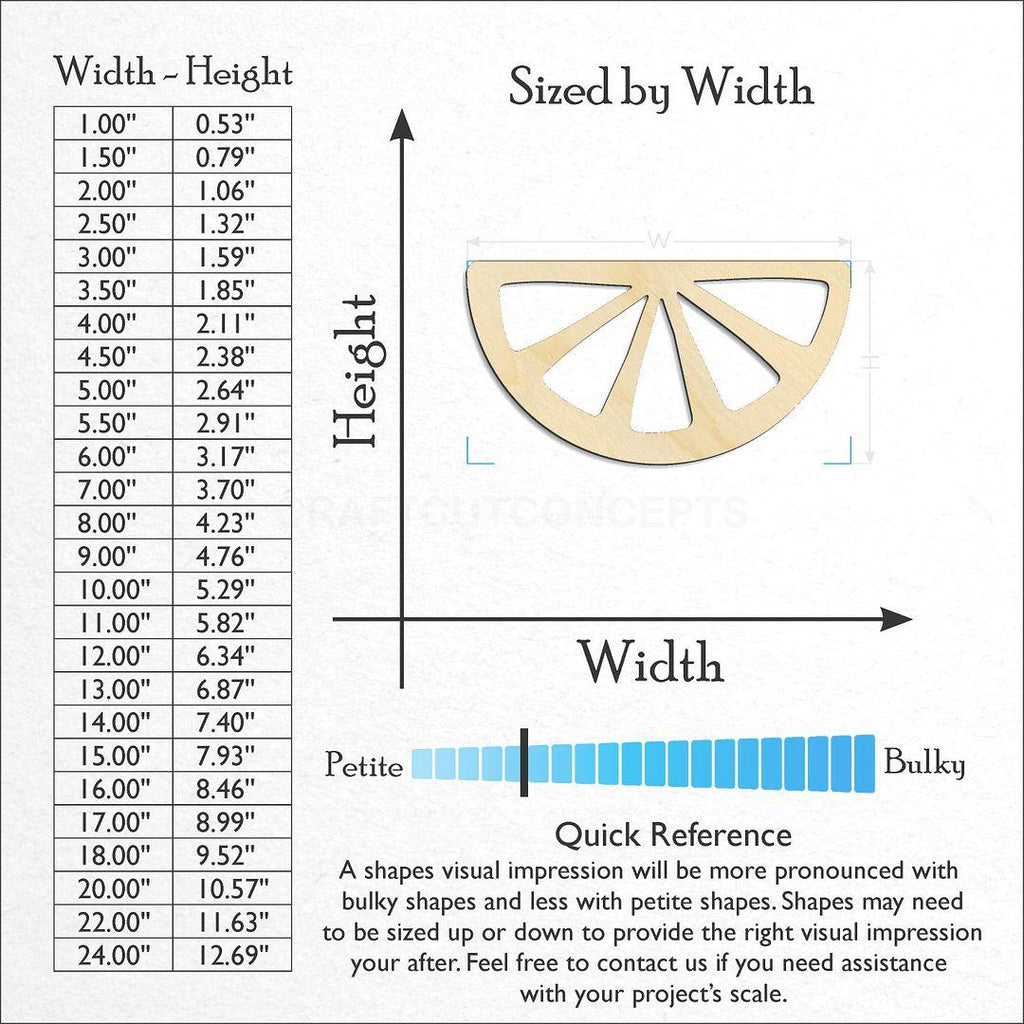 Sizes available for a laser cut Half Lemon Slice craft blank