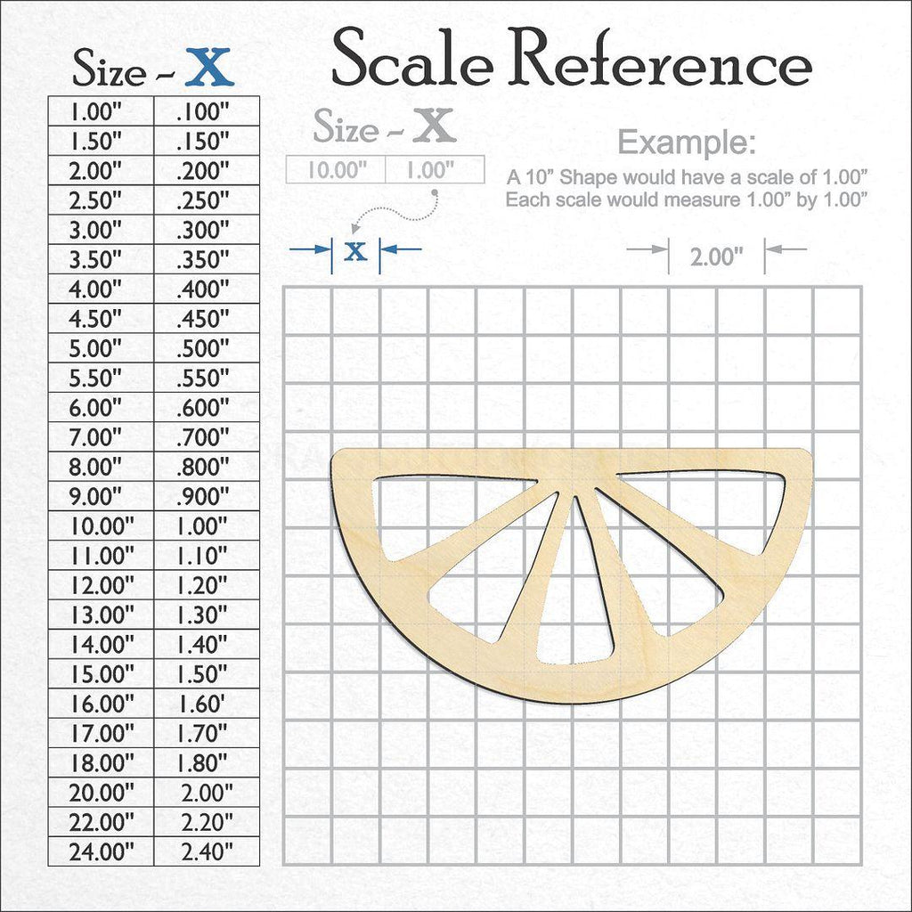 A scale and graph image showing a wood Half Lemon Slice craft blank