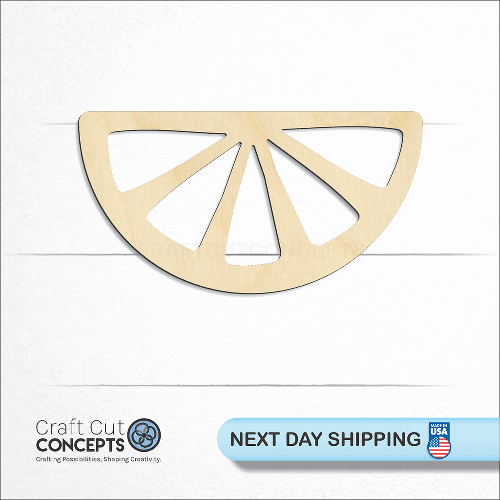 Craft Cut Concepts logo and next day shipping banner with an unfinished wood Half Lemon Slice craft shape and blank