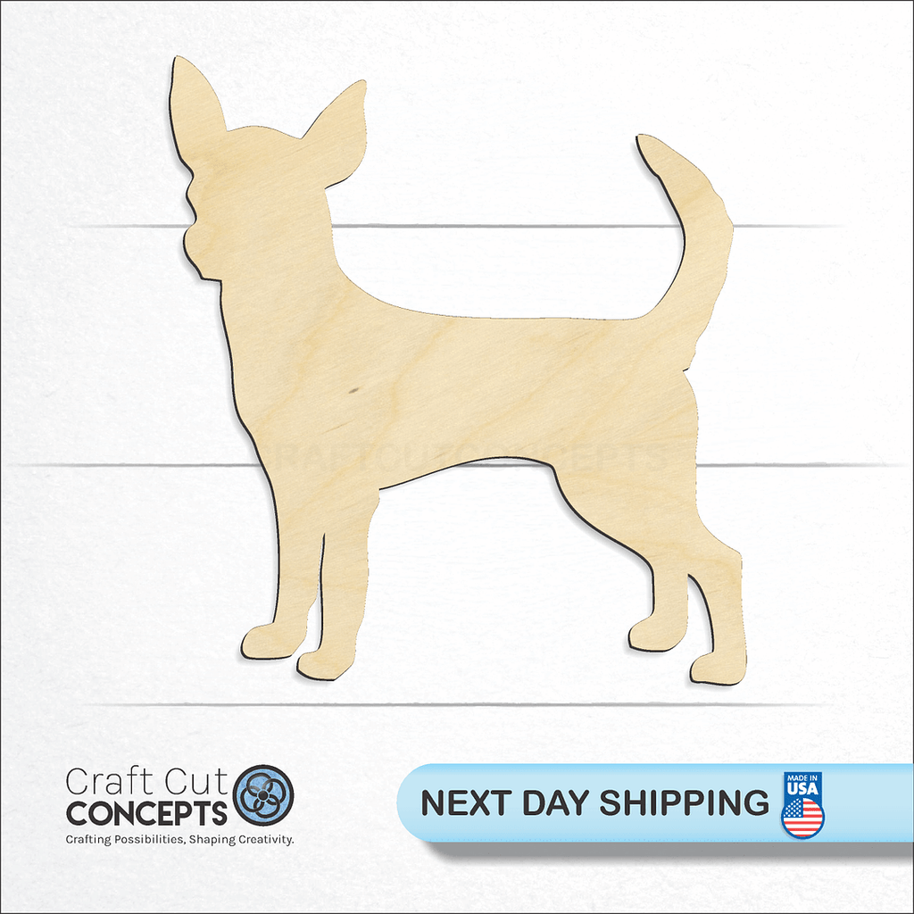 Craft Cut Concepts logo and next day shipping banner with an unfinished wood Chihuahua craft shape and blank