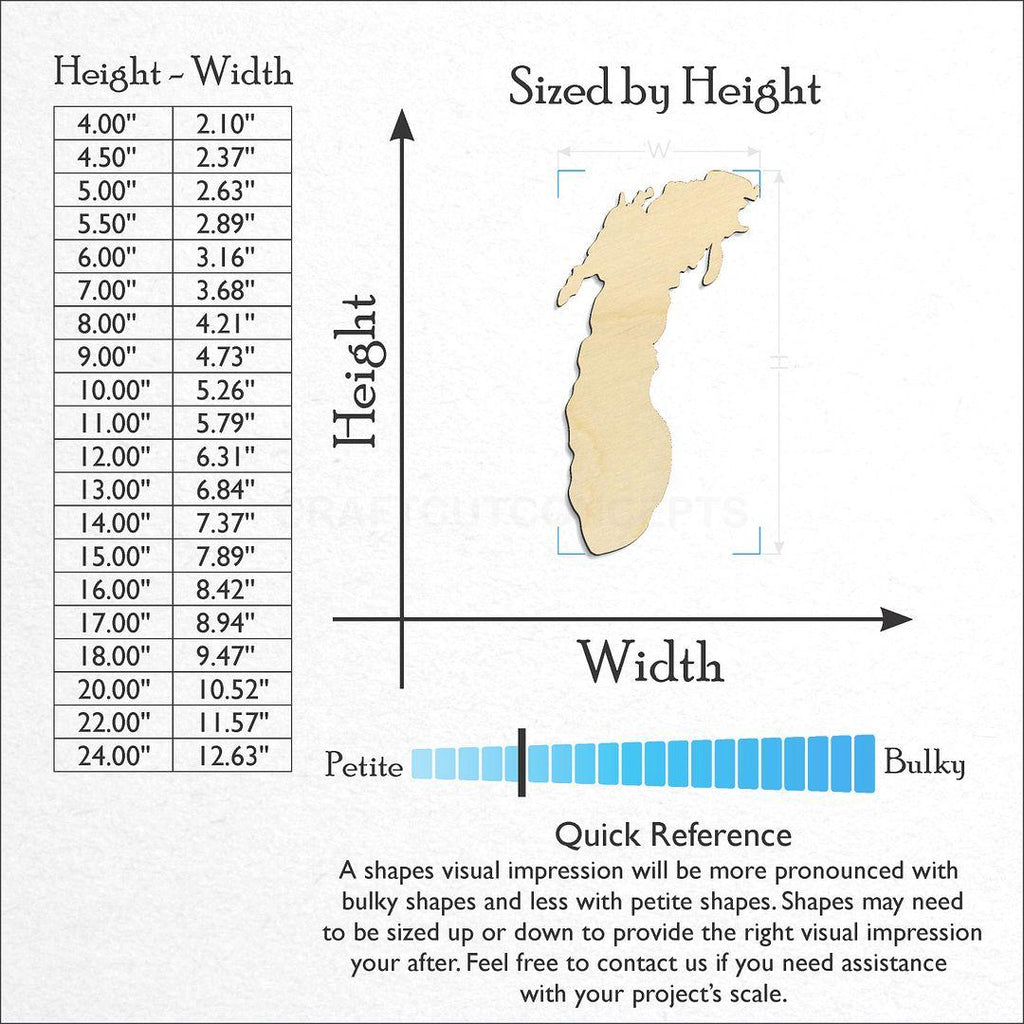 Sizes available for a laser cut Lake Michigan craft blank