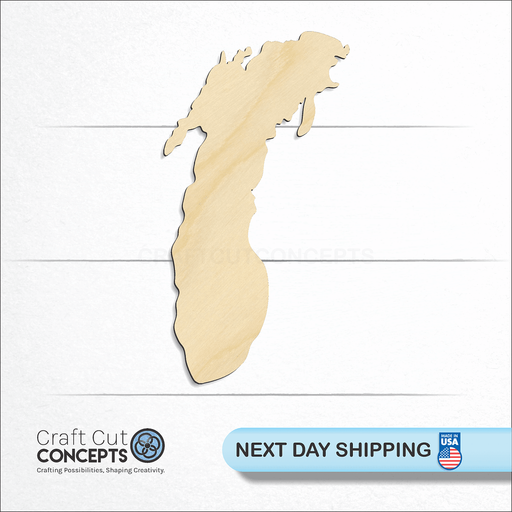 Craft Cut Concepts logo and next day shipping banner with an unfinished wood Lake Michigan craft shape and blank