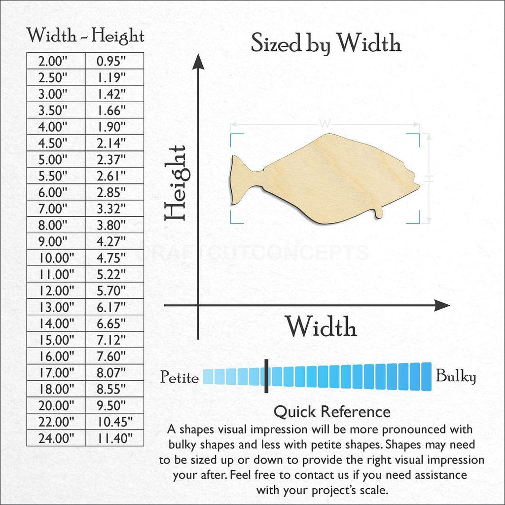 Sizes available for a laser cut Halibut Fish craft blank