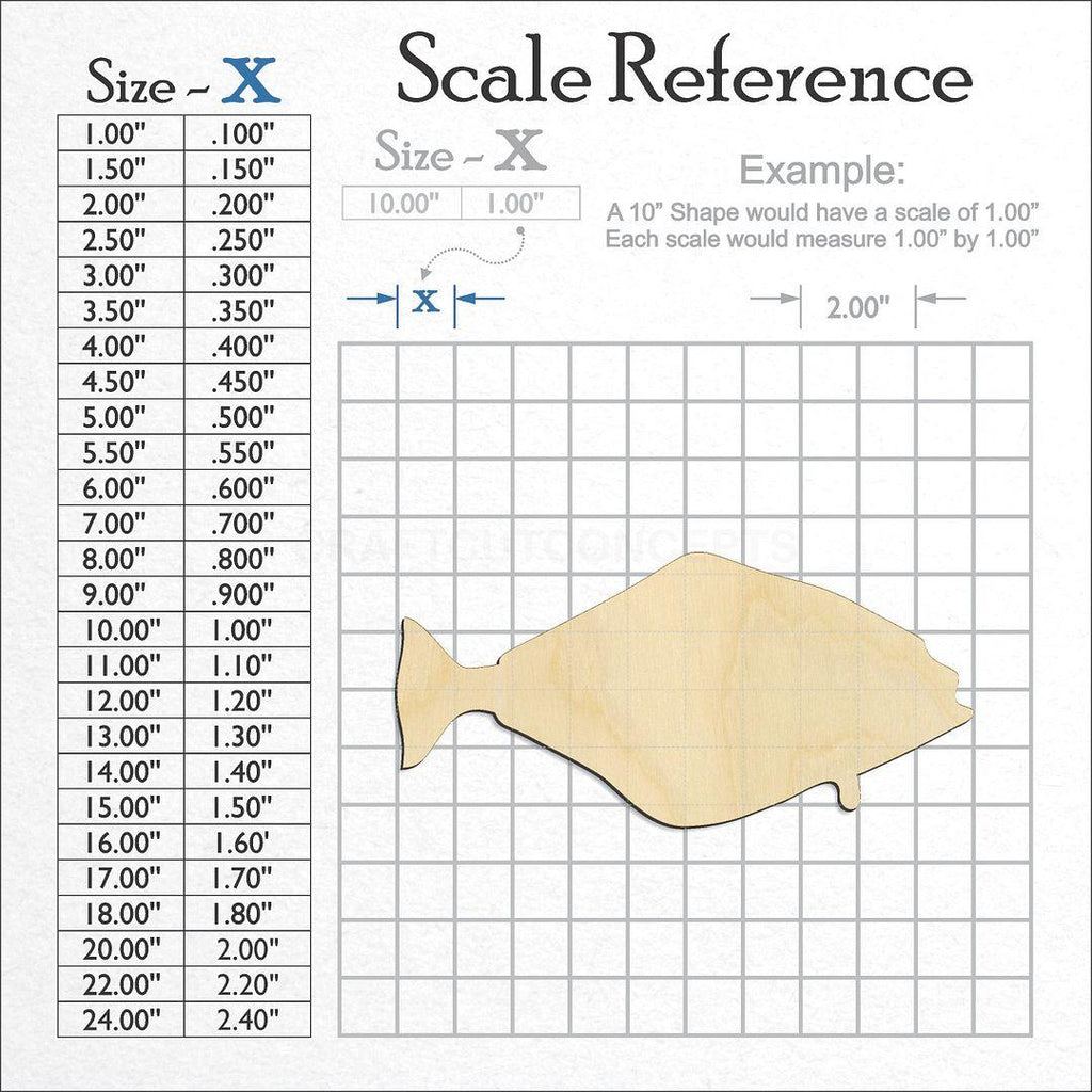 A scale and graph image showing a wood Halibut Fish craft blank