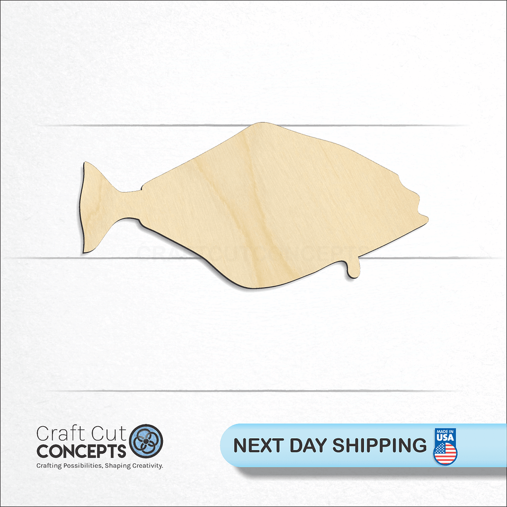 Craft Cut Concepts logo and next day shipping banner with an unfinished wood Halibut Fish craft shape and blank