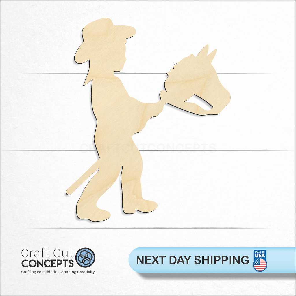 Craft Cut Concepts logo and next day shipping banner with an unfinished wood Girl Riding Toy Horse craft shape and blank