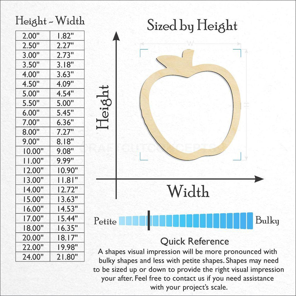 Sizes available for a laser cut Apple Outline craft blank