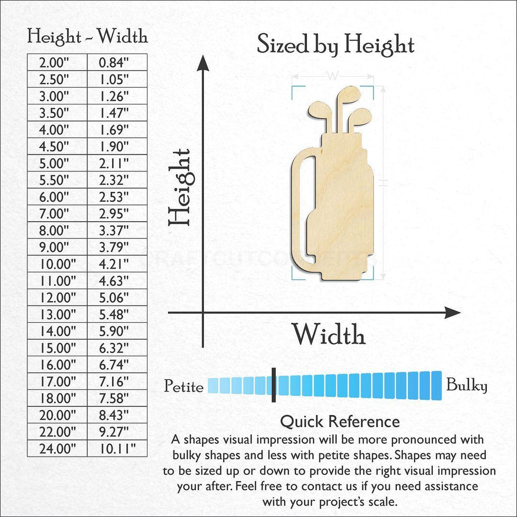 Sizes available for a laser cut Golf Bag craft blank