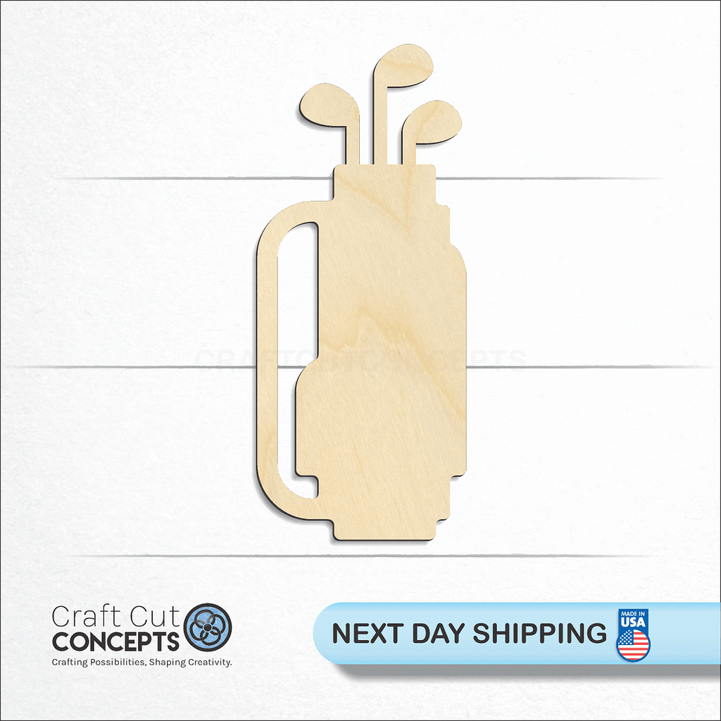 Craft Cut Concepts logo and next day shipping banner with an unfinished wood Golf Bag craft shape and blank