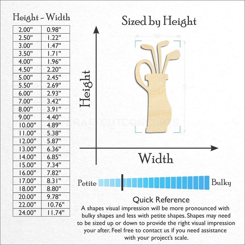 Sizes available for a laser cut Golf Bag craft blank