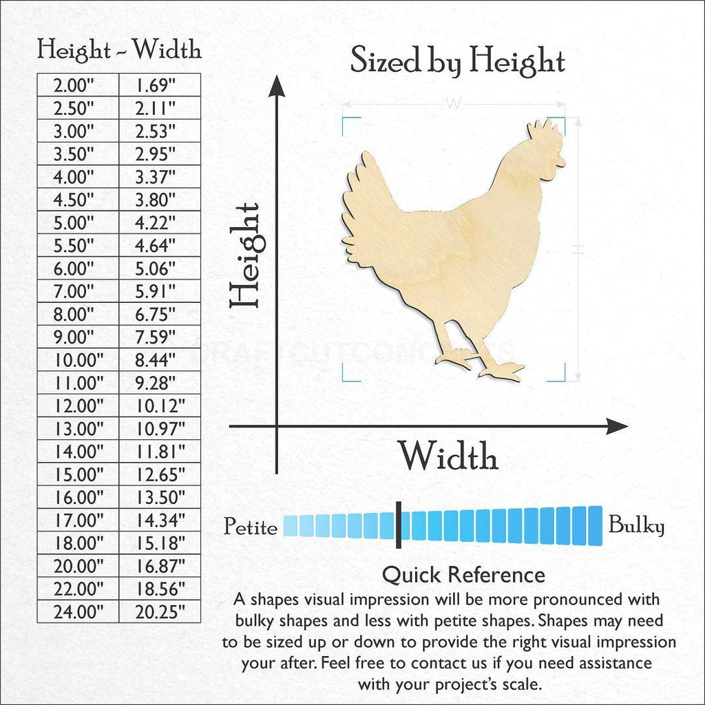 Sizes available for a laser cut Chicken Hen craft blank