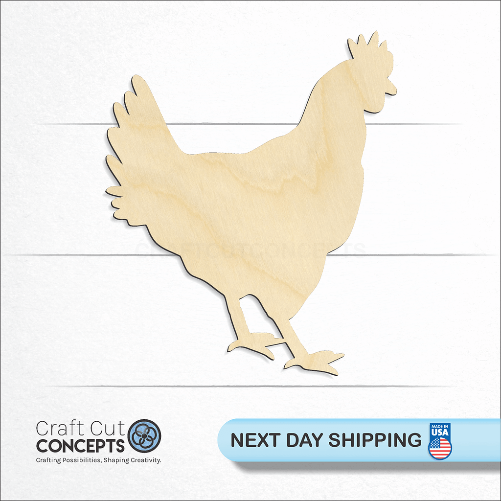 Craft Cut Concepts logo and next day shipping banner with an unfinished wood Chicken Hen craft shape and blank