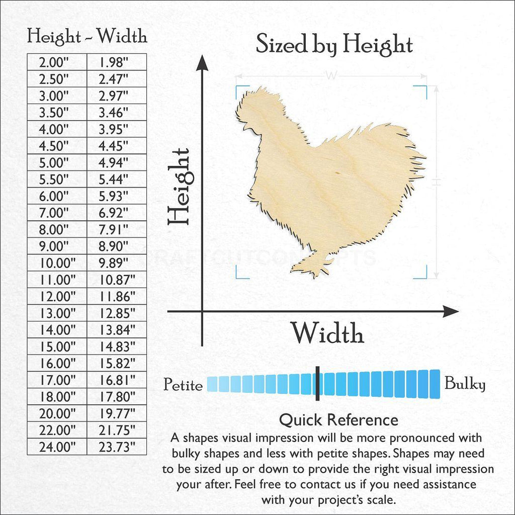 Sizes available for a laser cut Silkie Chicken craft blank