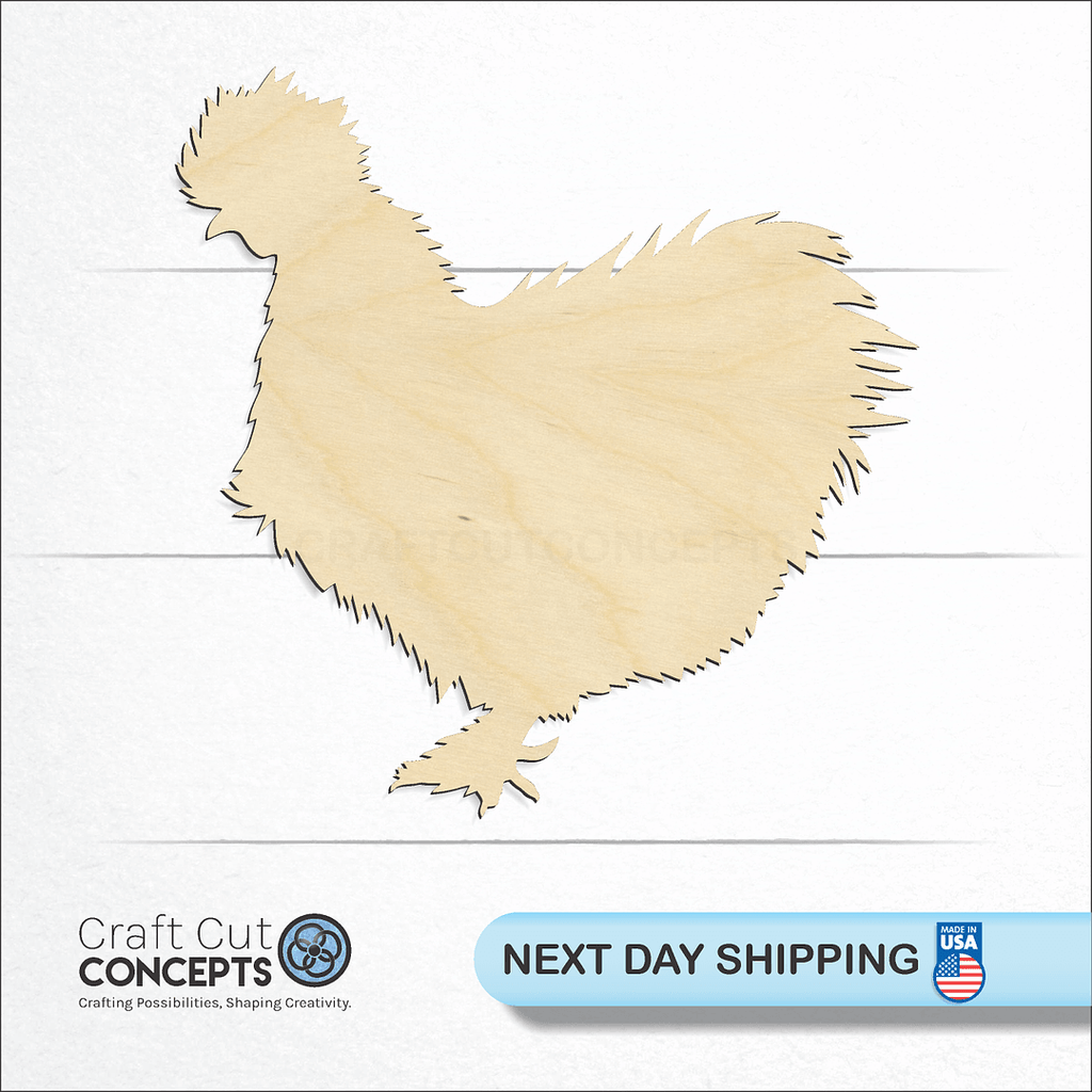 Craft Cut Concepts logo and next day shipping banner with an unfinished wood Silkie Chicken craft shape and blank