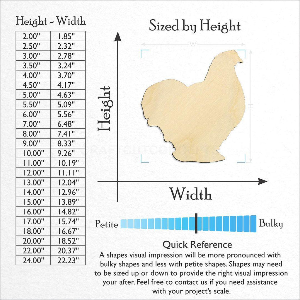 Sizes available for a laser cut Bantam Chochin Chicken craft blank