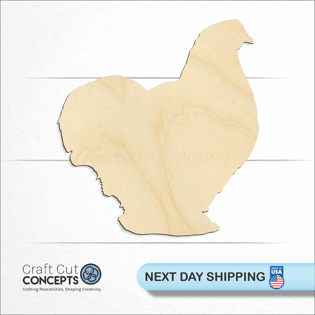 Craft Cut Concepts logo and next day shipping banner with an unfinished wood Bantam Chochin Chicken craft shape and blank