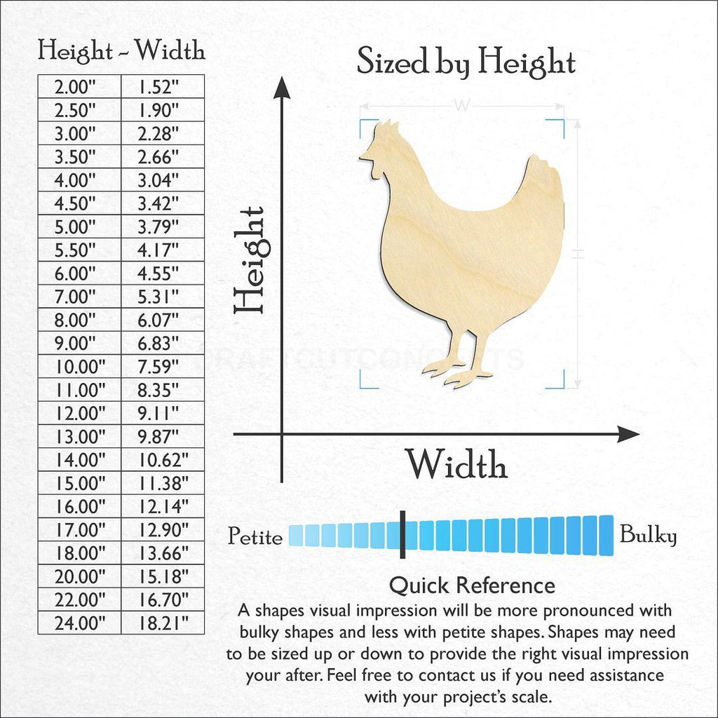 Sizes available for a laser cut Chicken craft blank