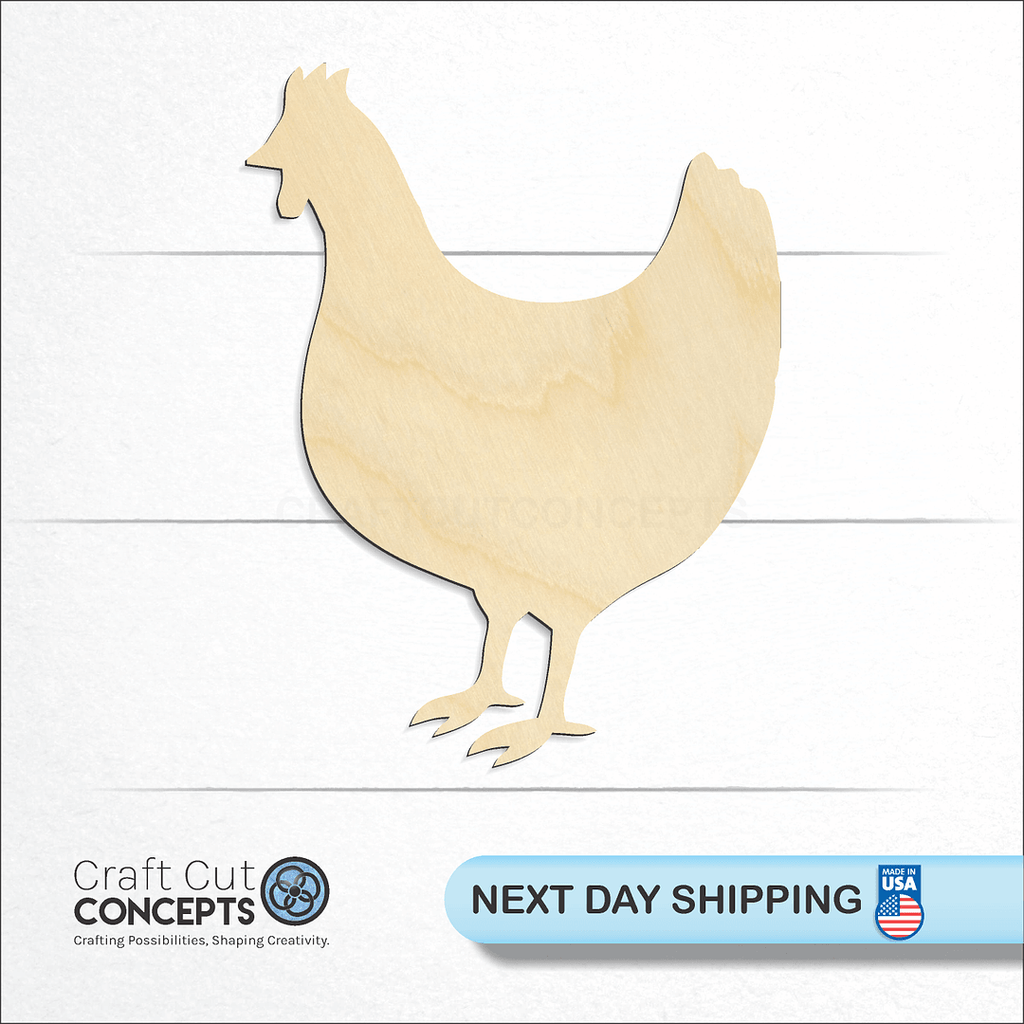 Craft Cut Concepts logo and next day shipping banner with an unfinished wood Chicken craft shape and blank