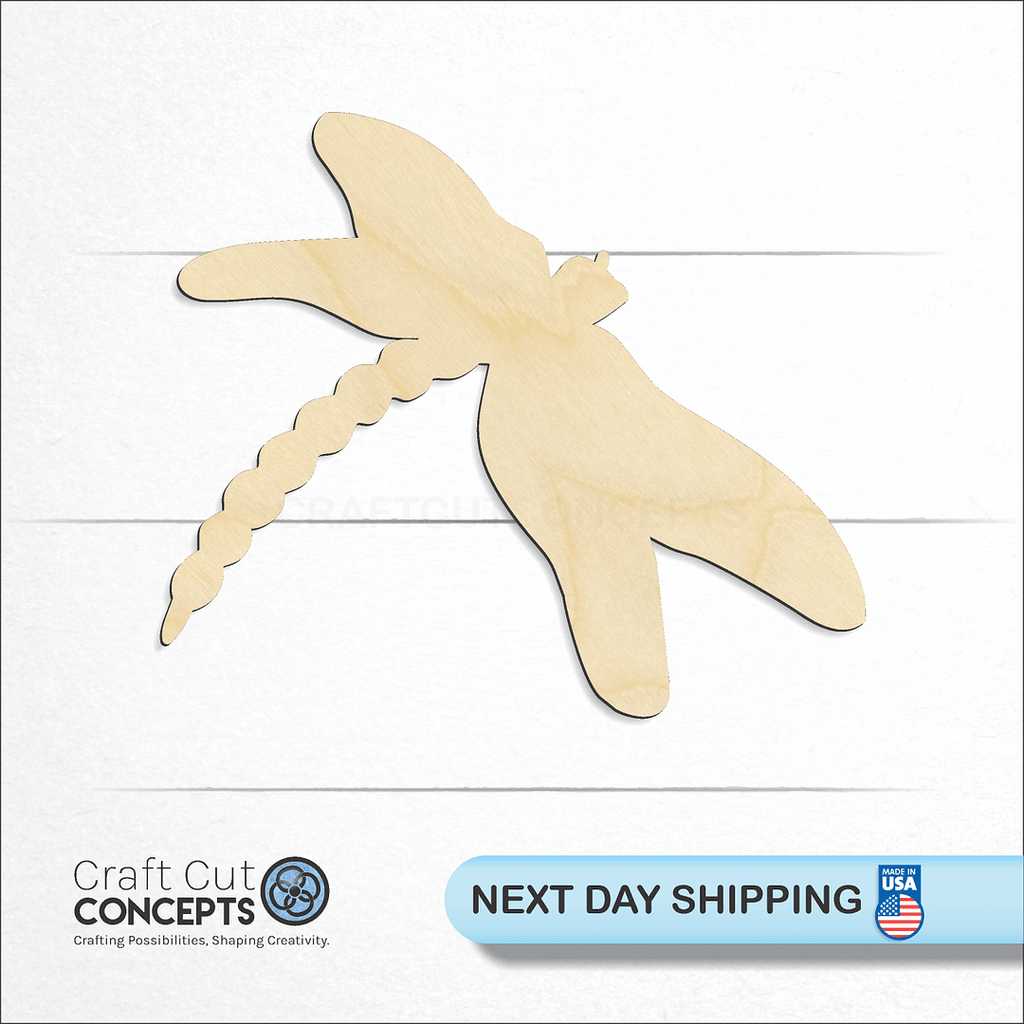 Craft Cut Concepts logo and next day shipping banner with an unfinished wood Dragon Fly craft shape and blank