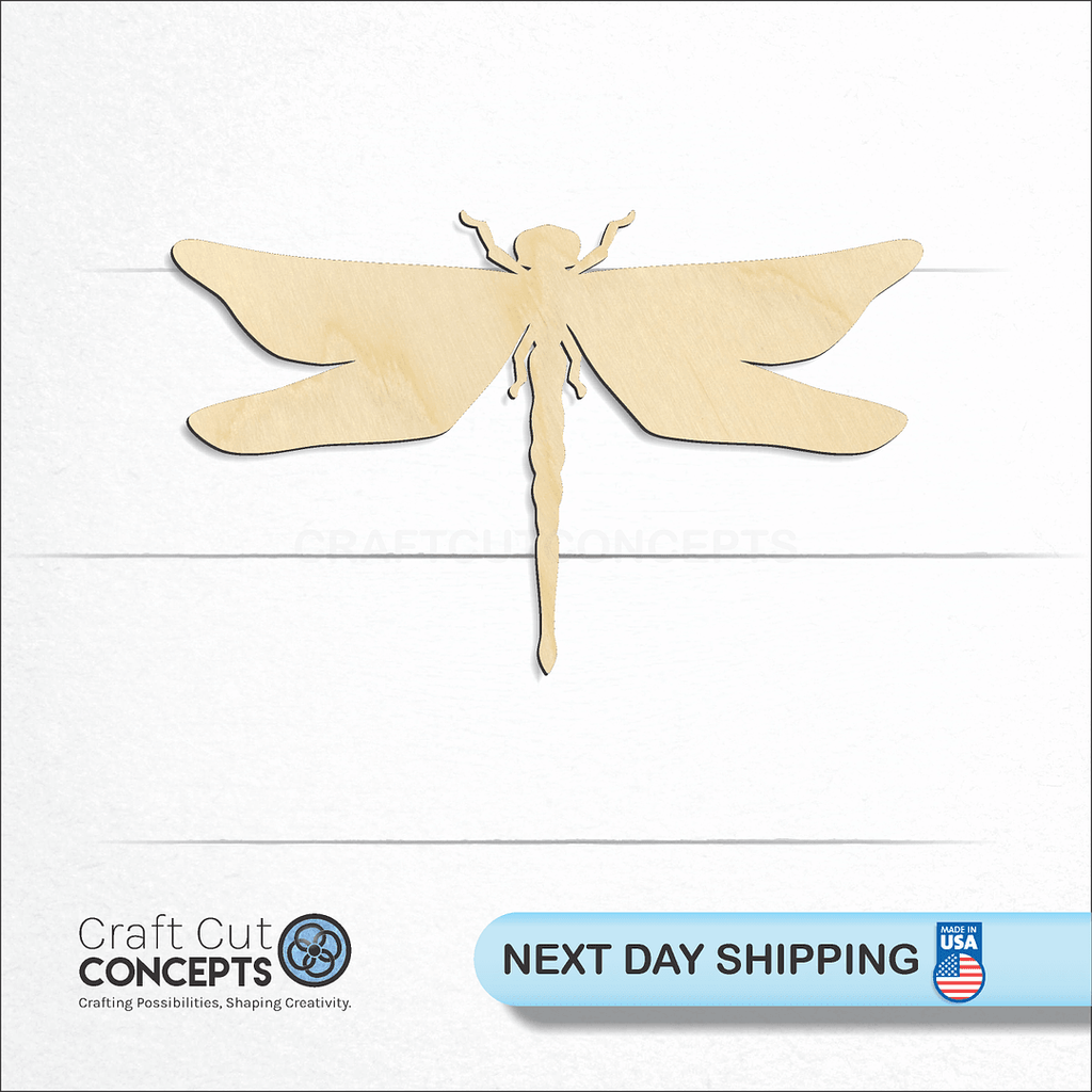 Craft Cut Concepts logo and next day shipping banner with an unfinished wood Dragon Fly craft shape and blank