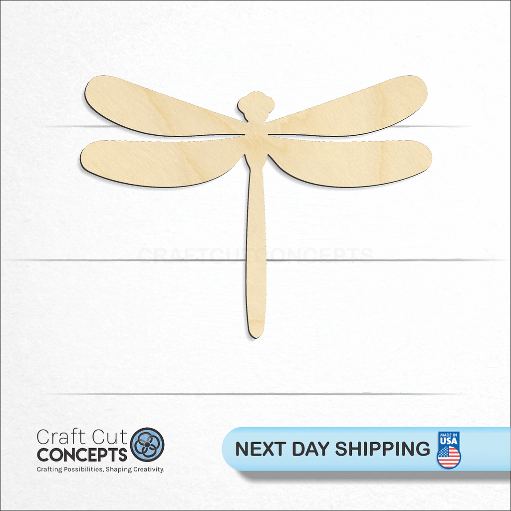 Craft Cut Concepts logo and next day shipping banner with an unfinished wood Dragon Fly craft shape and blank