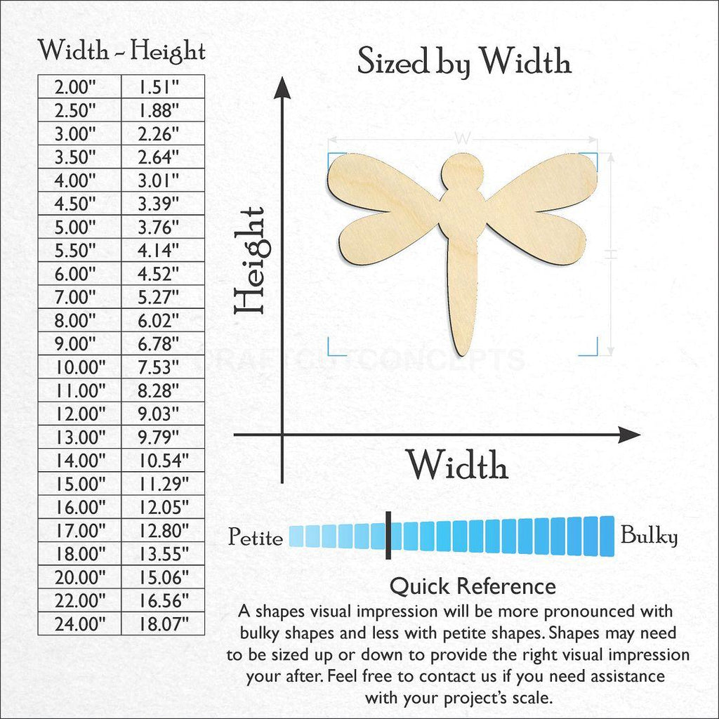 Sizes available for a laser cut Dragon Fly craft blank