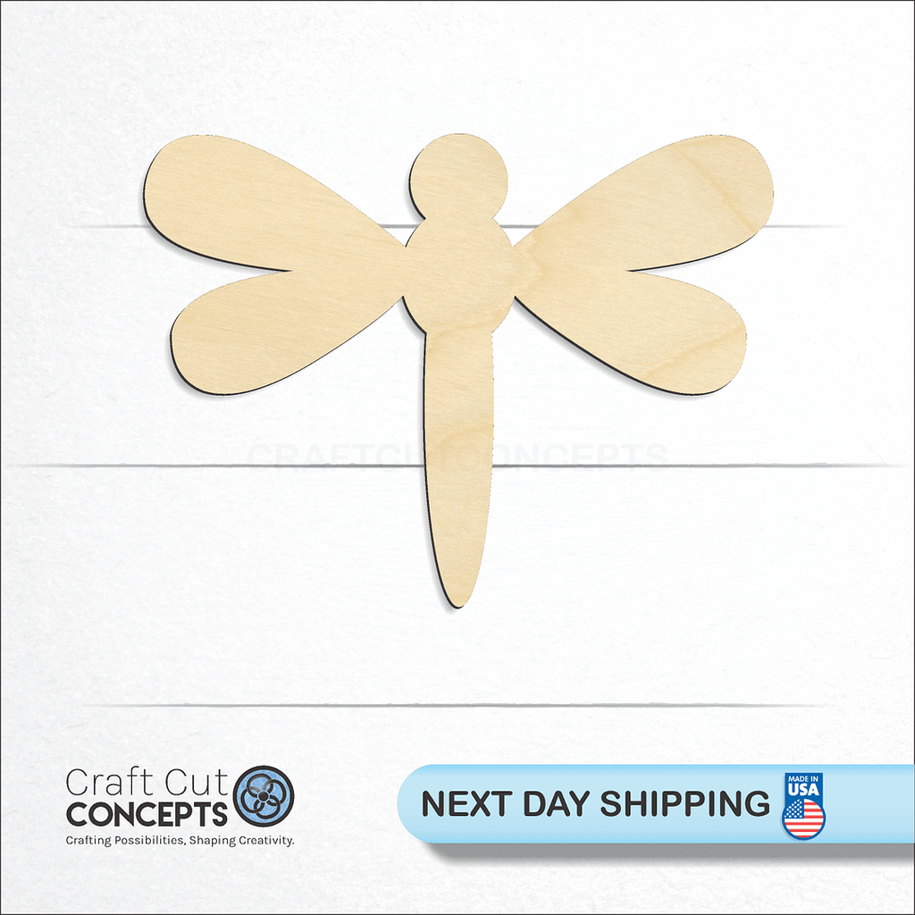 Craft Cut Concepts logo and next day shipping banner with an unfinished wood Dragon Fly craft shape and blank