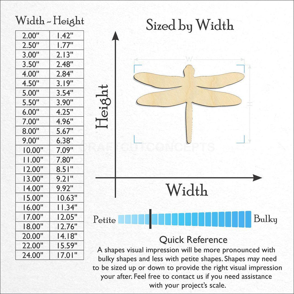 Sizes available for a laser cut Dragon Fly craft blank