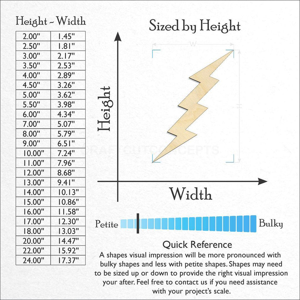 Sizes available for a laser cut Lightening Bolt craft blank