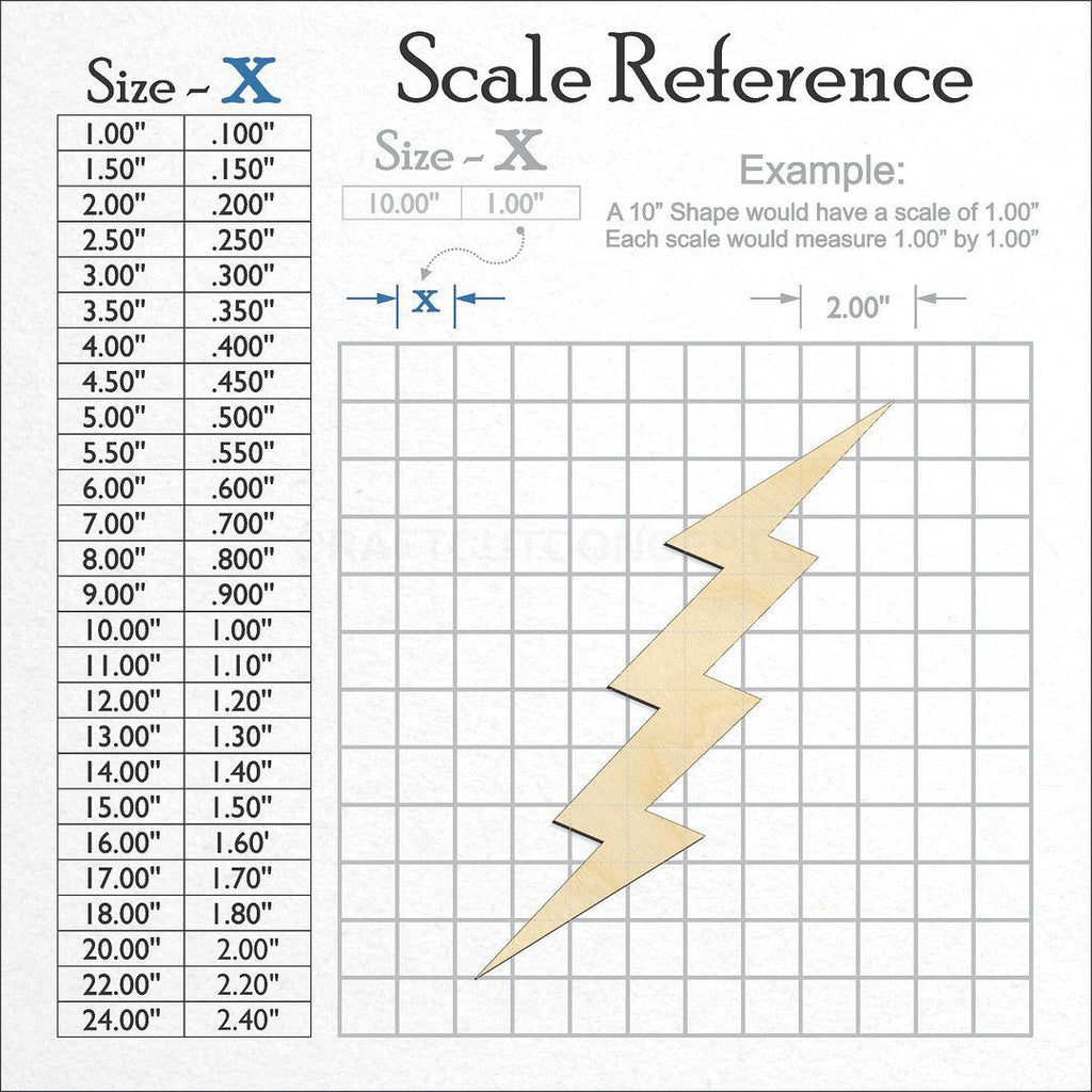 A scale and graph image showing a wood Lightening Bolt craft blank