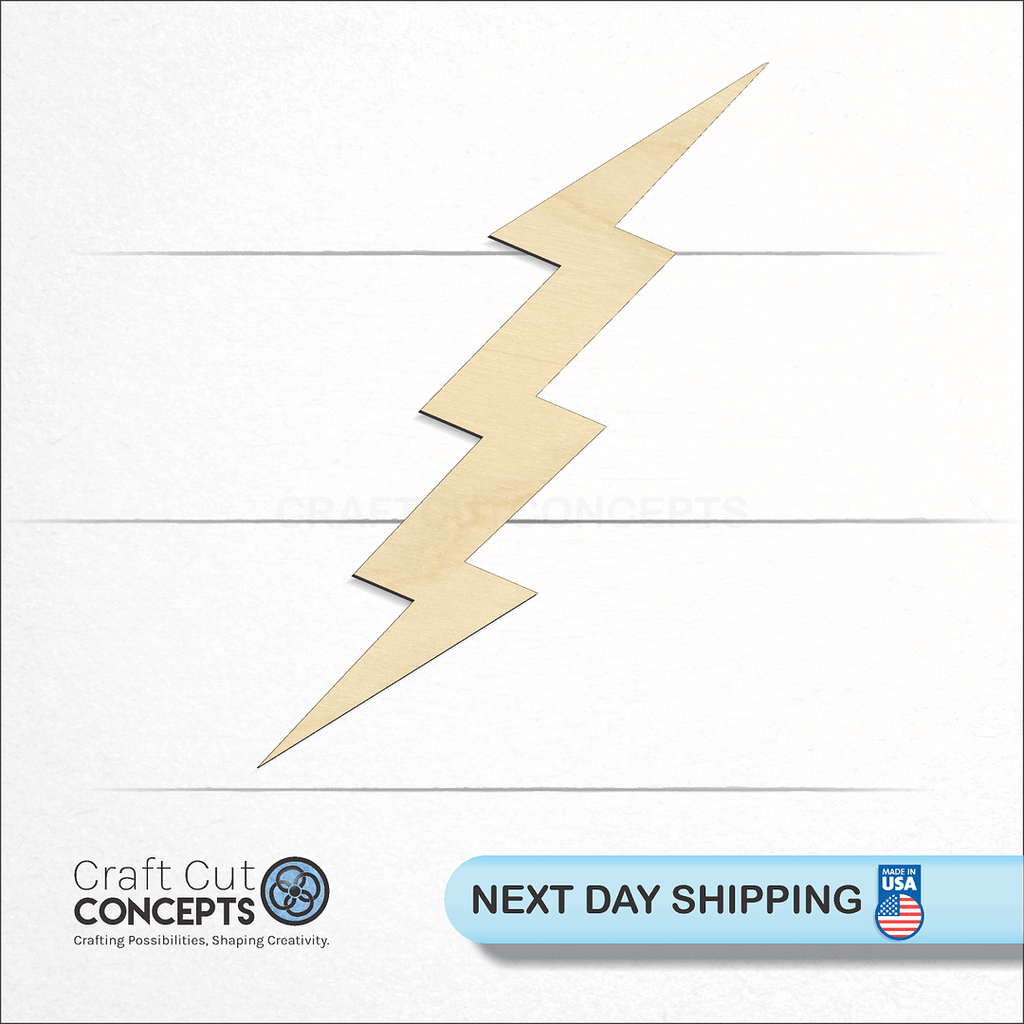 Craft Cut Concepts logo and next day shipping banner with an unfinished wood Lightening Bolt craft shape and blank