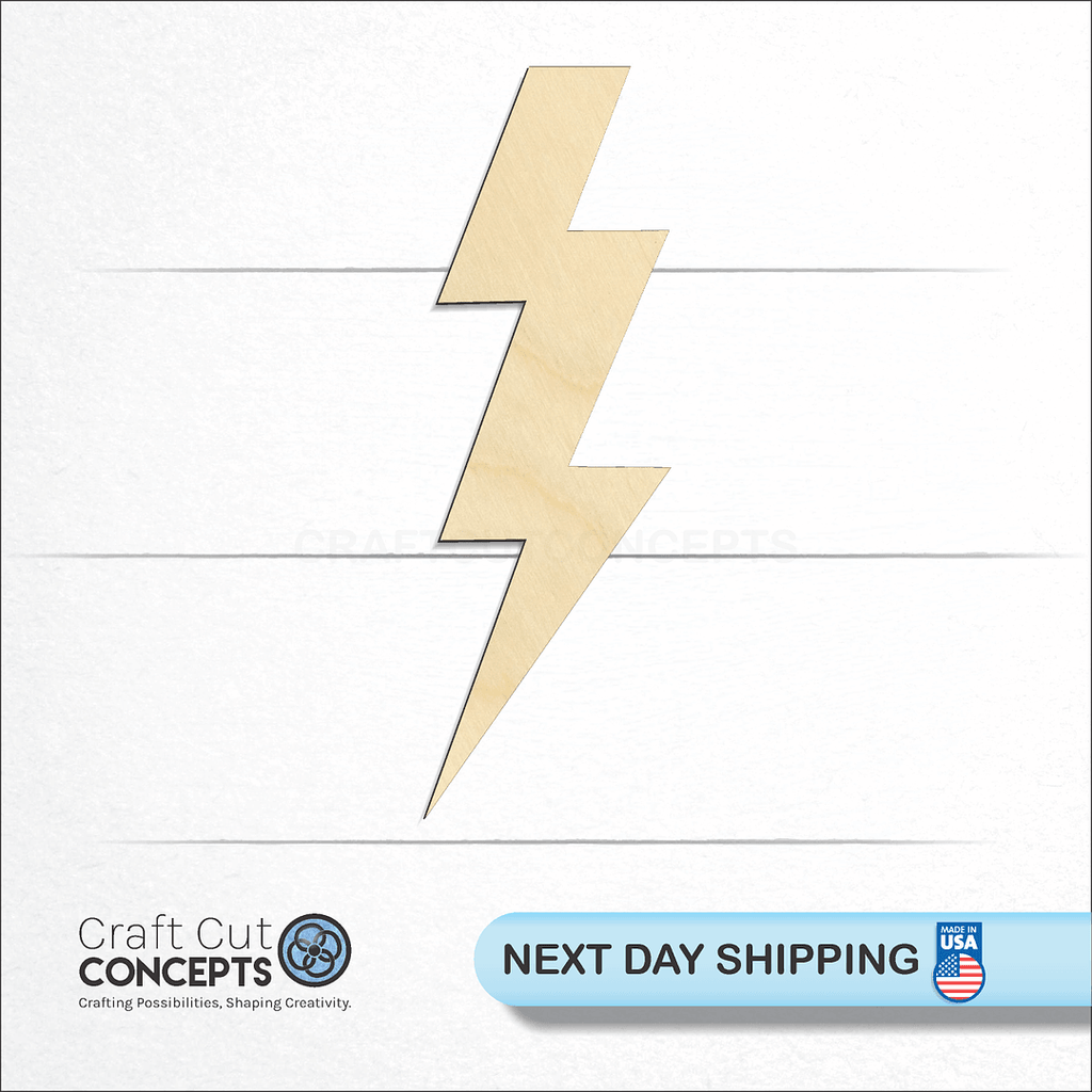 Craft Cut Concepts logo and next day shipping banner with an unfinished wood Lightening Bolt craft shape and blank