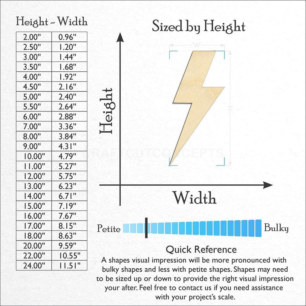 Sizes available for a laser cut Lightening Bolt craft blank